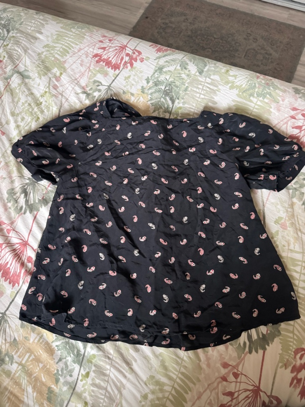 Club Monaco Black Silk Blouse with Pink Paisley Accents